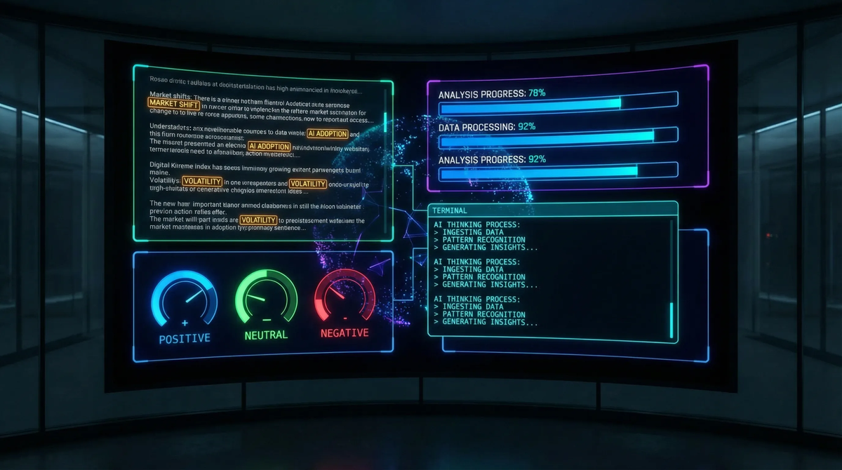 实时分析进度：AI 阅读新闻与财务指标的过程展示